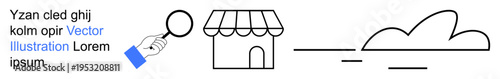 Shopping, retail, business search, location discovery, market analysis, cloud storage. Hand holding a magnifying glass, small shop icon cloud. Shopping and business search concept