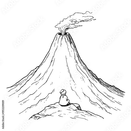 Lone figure in silhouette meditating atop a rocky outcrop facing a towering smoking volcano erupting with smoke and ash symbolizing power nature and introspection in a dramatic