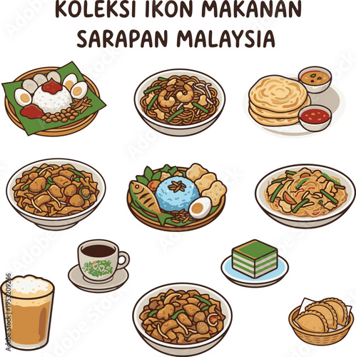 Traditional Malaysian breakfast food icons collection set, nasi lemak, roti canai, and teh tarik vector illustration