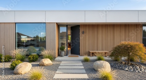 Modern Residential Entrance With Vertical Wood Siding And Large Glass Window
