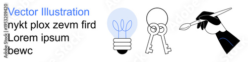 Innovation, creativity, security, art, sustainability, personal growth. Light bulb with leaves, two keys and hand with paintbrush. Creativity and sustainability concept artistic and innovative