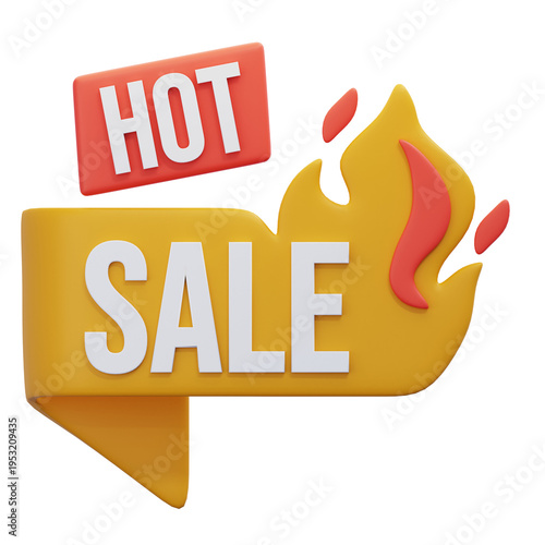 Sizzling Hot Sale 3D badge featuring a fire flame icon and orange ribbon. Ideal for summer sales, trending products, and high demand retail items.