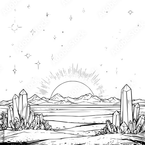 Surreal desert landscape with large crystalline structures and a radiant sun rising over distant mountains under a starry sky rendered in a detailed black and white line art style