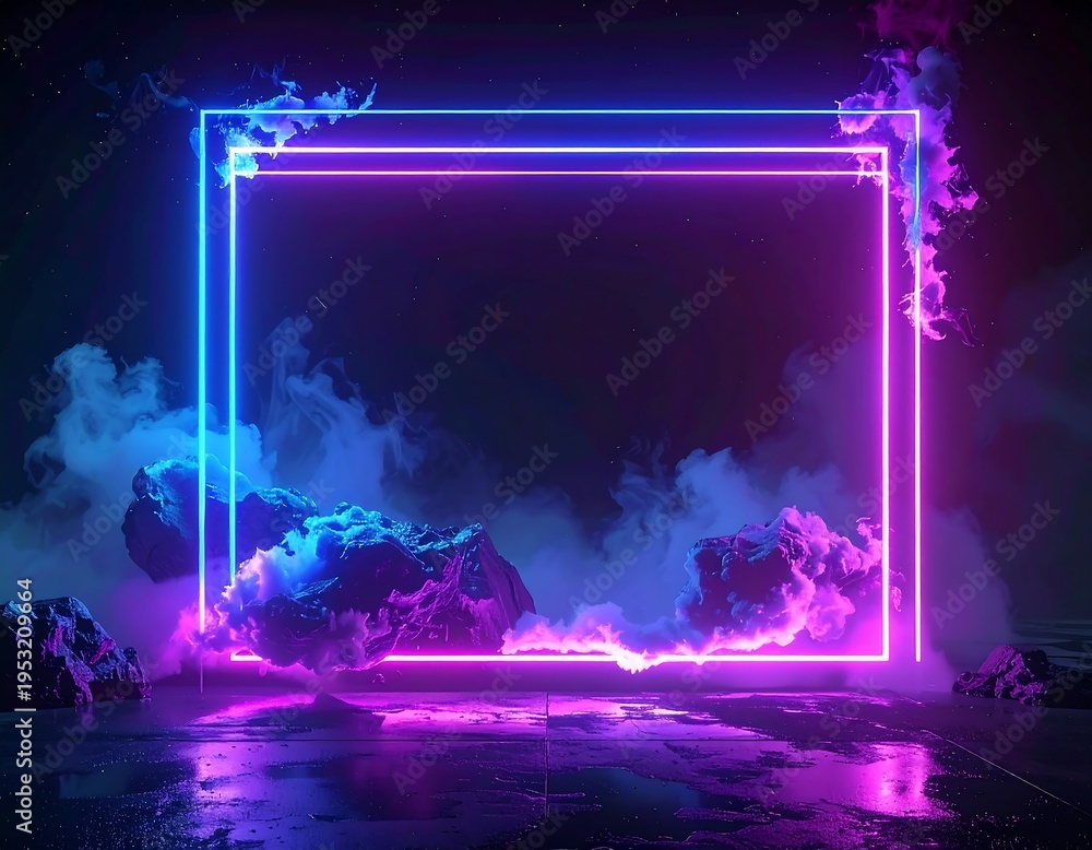 Obraz premium Glowing neon square frame, floating clouds, dark background