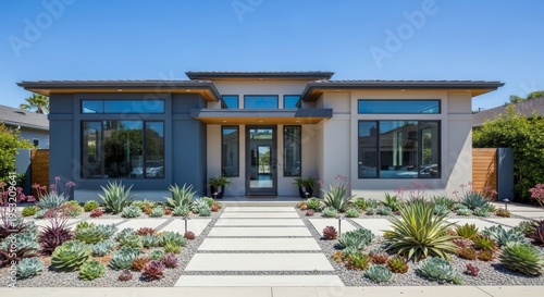 Modern Suburban Home Exterior With Succulent Landscaping Under A Clear Blue Sky
