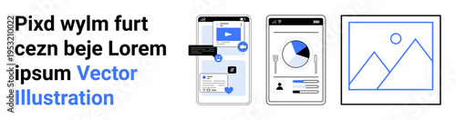 Digital marketing, mobile technology, analytics tools, user interface design, social media, information sharing. Three mobile screens displaying graphs, videos and image galleries. Digital marketing