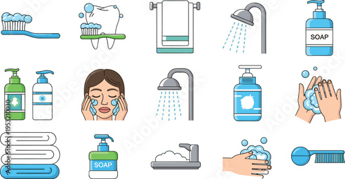 Bathroom hygiene and personal care elements set with toothbrush, soap dispenser, shower, handwashing, towel and skincare routine icons for cleanliness illustration