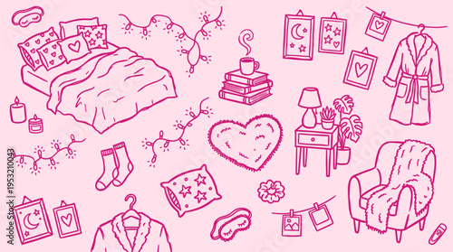 Cozy bedroom doodle set with home decor elements and relaxing atmosphere