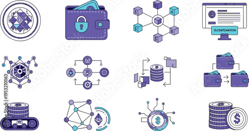 Blockchain technology and cryptocurrency network elements set with digital wallet, decentralized nodes, database server, smart contract system and secure fintech transaction icons