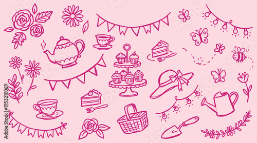 Hand drawn garden party doodle set with tea time elements and floral decorations