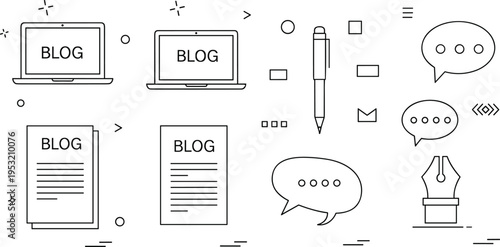 Blogging and content creation outline icons set with laptop blog pages, writing pen, chat bubbles, article documents and communication symbols