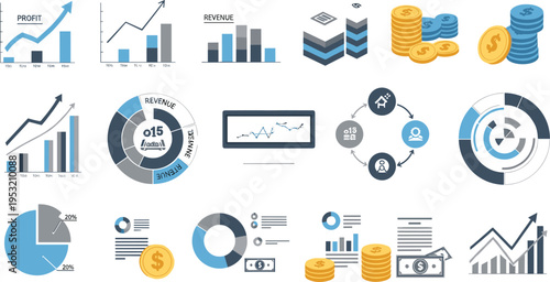 Business analytics and financial growth charts elements set with revenue graphs, pie charts, profit statistics and investment icons vector illustration