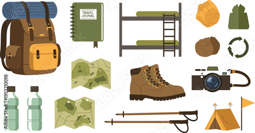 Camping and hiking adventure travel elements set with backpack, tent, boots, trekking poles, travel journal, map, water bottles and outdoor exploration gear icons