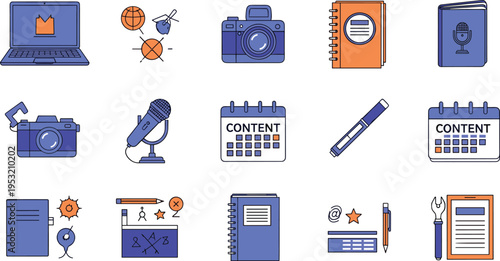 Content creation and blogging tools icon set with camera, microphone, laptop, content calendar, notebook, pen and digital media production elements