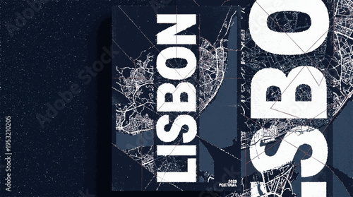 Modern dark brutalist typographic poster featuring bold white lisbon text on a moody blue background with faint map design