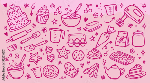Doodle Baking Elements Set on Pink Background