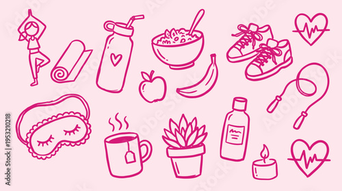 Healthy Lifestyle Elements Hand Drawn Doodle Icons Set