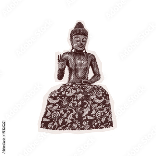 Halftone Buddha statue sticker grunge cut out vintage style mimicking torn out collage of old newspaper. Vector Isolated Y2K pop art element with Retro grain dotted texture on transparent background.