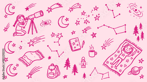 Hand drawn astronomy doodles with stargazing girls and night sky elements