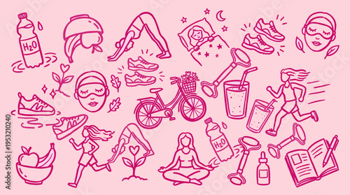 Healthy lifestyle doodle set with fitness activities and wellness habits