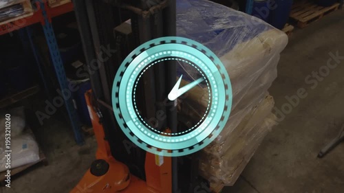 Operator engaging controls, moving forklift toward pallet in warehouse while AR clock timing pickup