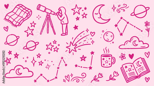 Pink Astronomy Doodle Set with Telescope Planets Stars and Constellations