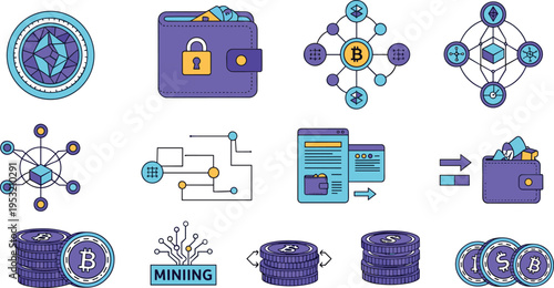 Cryptocurrency blockchain mining and digital wallet technology elements set with bitcoin coins, decentralized network nodes, crypto transaction system and fintech payment icons