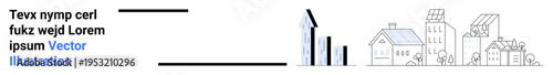 Urban planning, renewable energy, sustainability, housing development, eco-friendly design, and environmental awareness. Graph with an upward trend next to eco-friendly cityscape. Sustainability