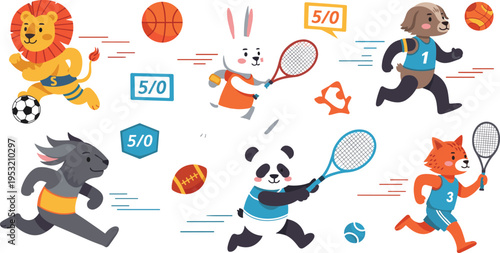 Cute cartoon animal athletes playing sports set with lion soccer player, rabbit tennis player, panda runner, fox athlete and dog basketball character