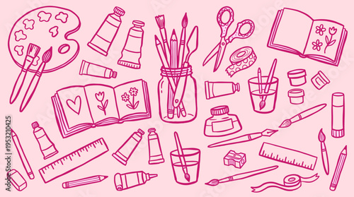 Doodle art supplies set with painting tools and sketchbooks on pink background
