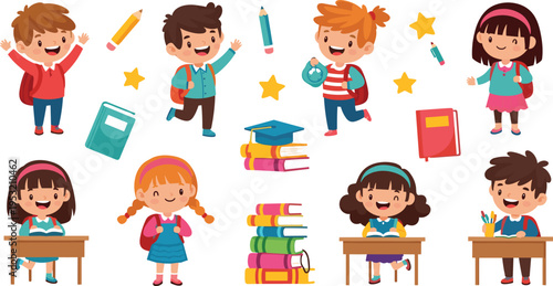 Cute school children characters set with happy students, books, pencils, classroom desks and learning elements for education illustration