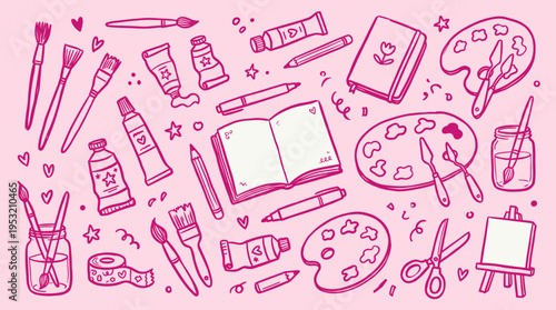 Doodle art supplies pattern with painting tools and sketchbooks on pink background