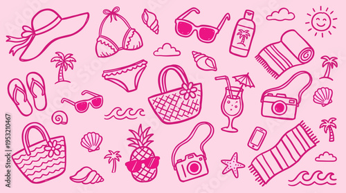 Summer vacation doodle set with beach accessories on pink background