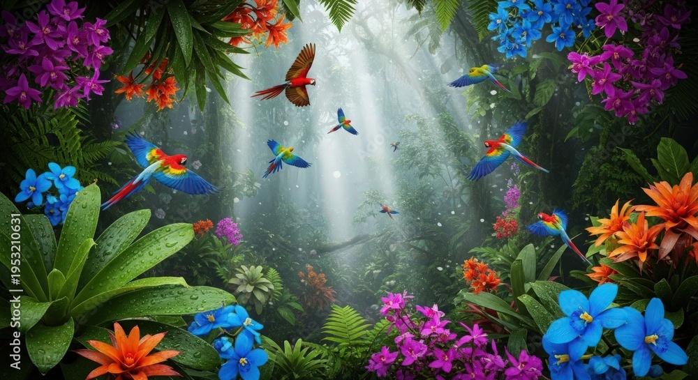 Fototapeta premium A vibrant and serene tropical rainforest scene with colorful flowers and exotic birds in flight.