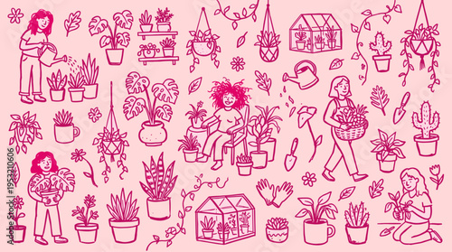 Doodle set of people gardening and houseplant collection
