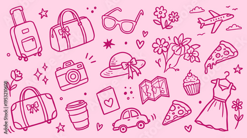 Pink travel doodle set with luggage camera and fashion accessories