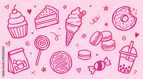Pink hand drawn sweet food doodle pattern background