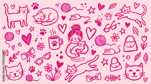 Hand drawn doodle set with cute cats and lifestyle elements on pink background