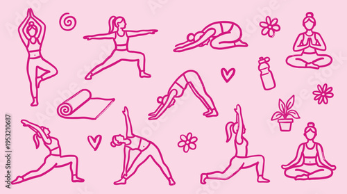 Yoga poses and wellness icons set in pink line art style