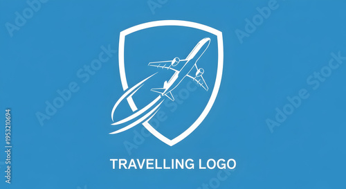 Travel Logo Design with Airplane and Shield on Blue Background