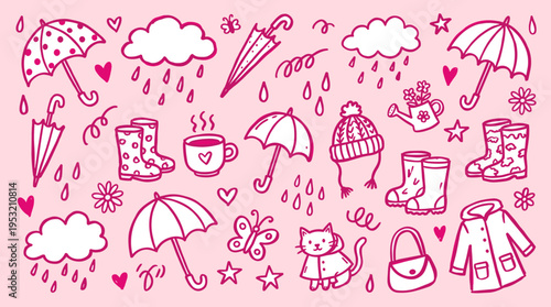 Hand drawn rainy weather doodle set with umbrellas and boots on pink background