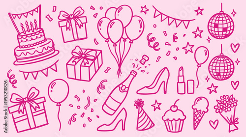 Pink Party Celebration Elements Doodles Set