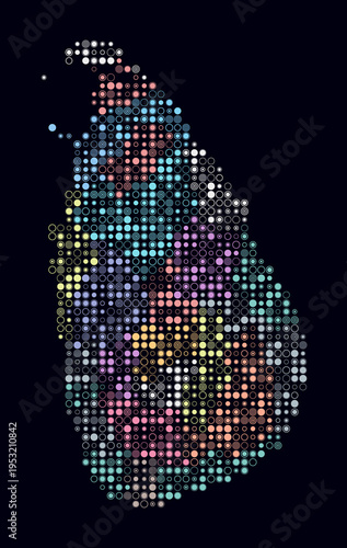 Sri Lanka, shape of the country build of colored cells. Digital style map of the Sri Lanka on dark background. Small size circle blocks. Trending vector illustration.