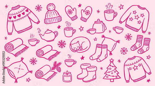 Cozy Winter Elements Doodle Collection with Sweaters Socks and Hot Drinks