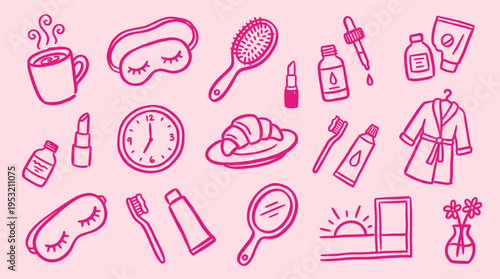 Hand drawn morning routine icons set on pink background