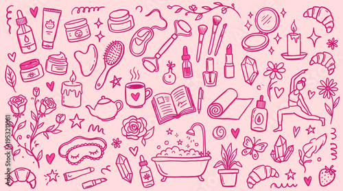 Self care and wellness doodle set on pink background