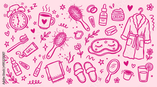 Hand drawn beauty and wellness routine doodles on pink background