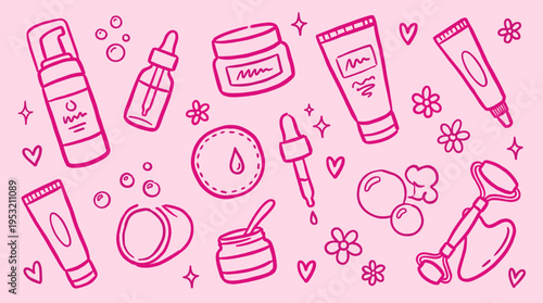 Doodle Skincare Routine Elements on Pink Background