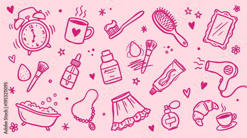 Hand drawn doodle set of morning routine items on pink background