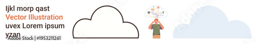 Creativity, brainstorming, innovation, graphic design, cloud computing, digital thought processes. A cloud outline, person with idea-related icons and minimal flat design. Creativity